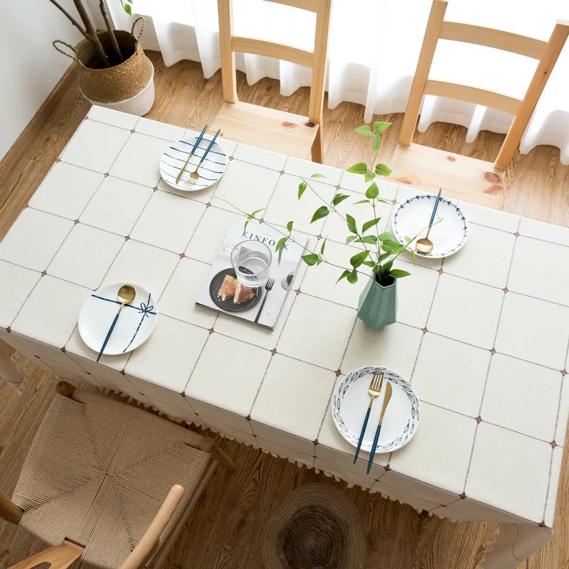 

Fresh Green Geometric lattice Decorative Linen Tablecloth With Tassel Thicken Rectangular Wedding Dining Cover Tea Table Cloth