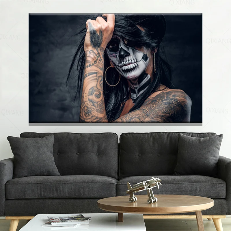 Картина на холсте настенные художественные плакаты черный череп тату девушка