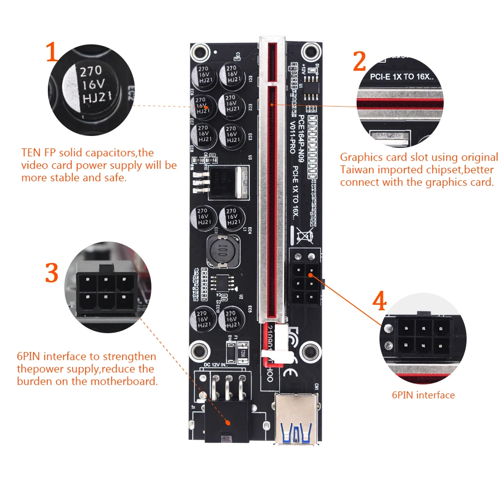 Новейшее обновление PCIE Riser 011 PRO 10 емкостный 6-контактный супер стабильный PCI Express 16X