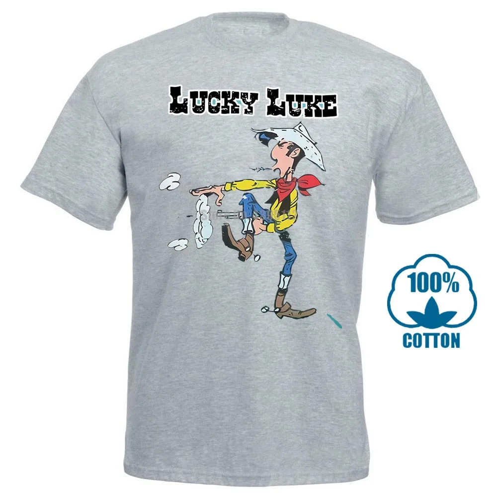 Серый Lucky Luke Comics ковбой Уайлдер Вестерн Прохладный Лето Мужская Новая футболка Личность граффити - Цвет: Серый