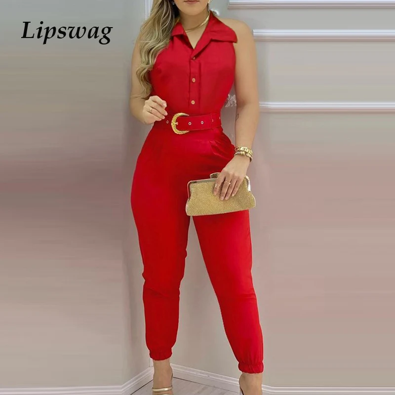 Женский однотонный комбинезон на пуговицах повседневный слитный офисный с