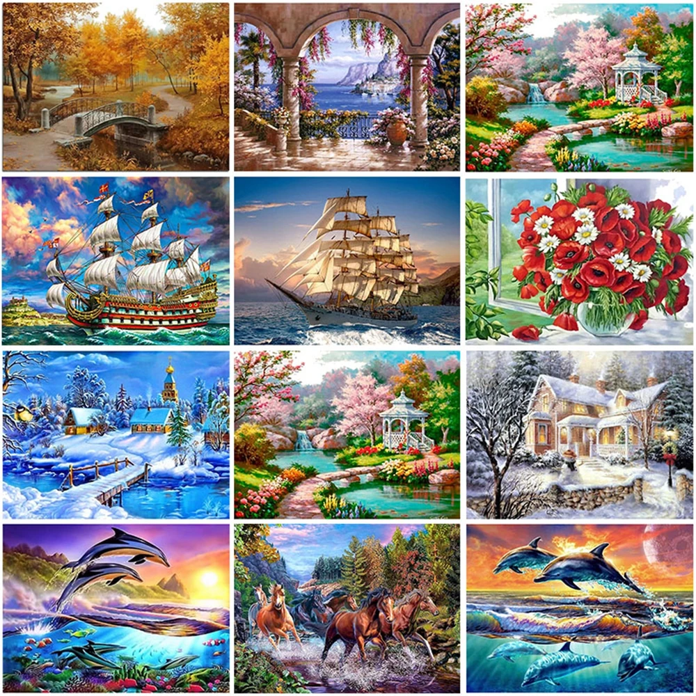 DIY Diamond Painting Animals Landscape 5D Full Round Resin Rhinestone Embroidery Scenery Flowers Diamond Mosaic Home Decoration