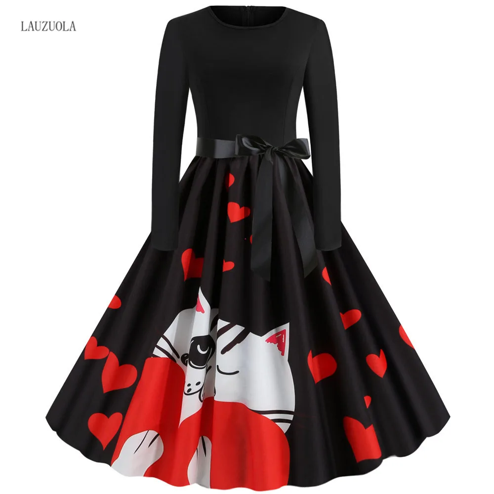 Robe noel femme зимние платья для женщин с длинным рукавом и принтом Винтаж Pinup рокабилли Год Вечерние Платье на День святого Валентина Черный Vestido 3XL