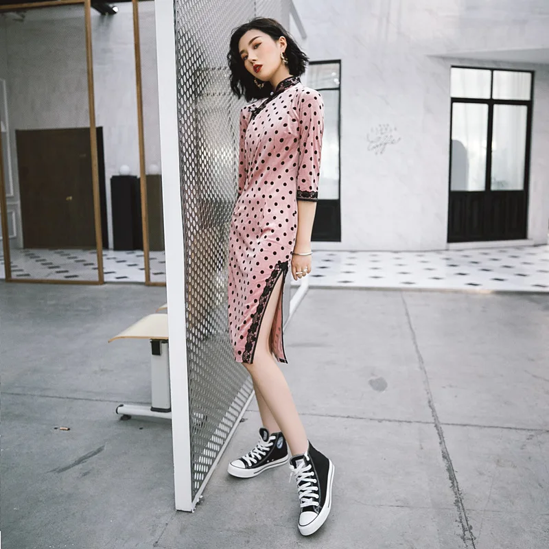 Женское бархатное платье-Ципао элегантное приталенное платье в китайском