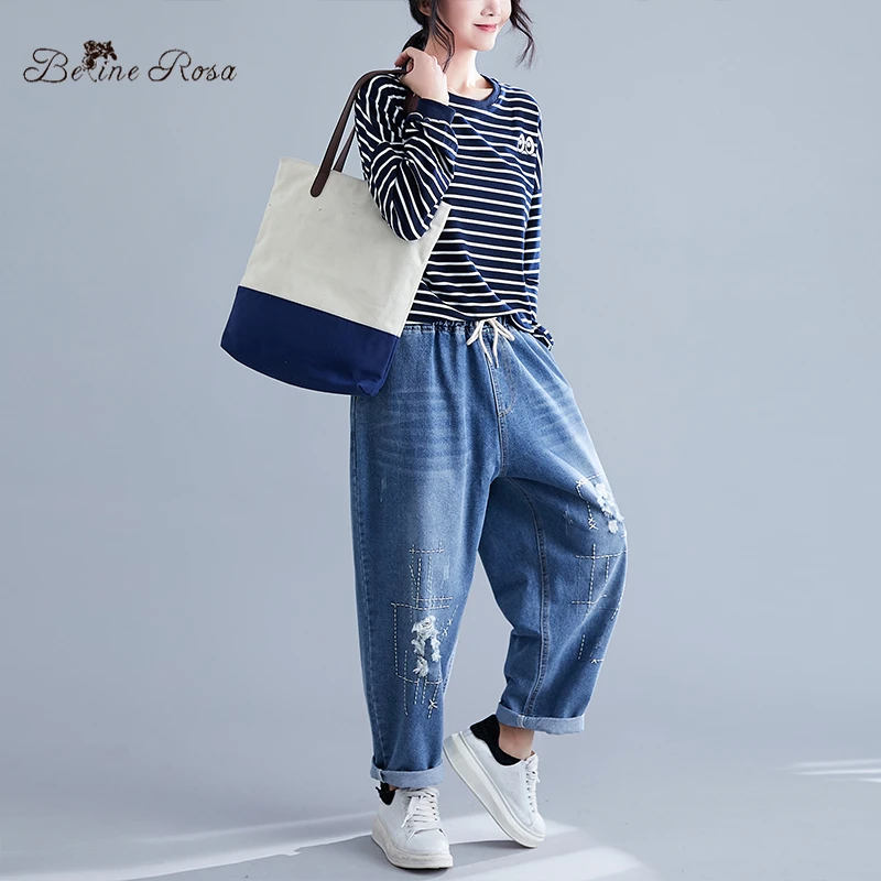 BelineRosa Plus Size Jeans Autumn Spring Loose Style Elastic High Waist Casual Denim Pants jeans feminino HL000019