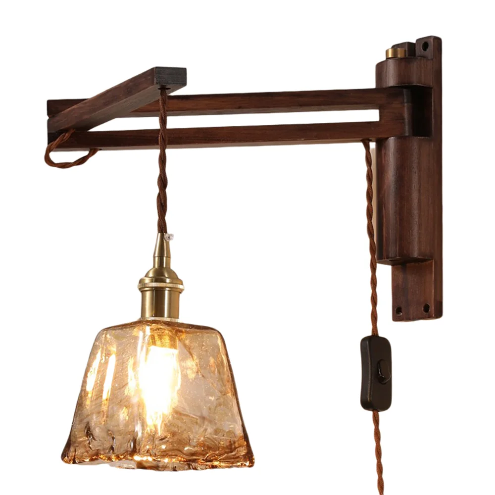 

Creative Vintage Wall Light Telescopic Folding Bedside Wall Lamp Loft Antique Wall Lights Wood Glass Home Decor Lighting