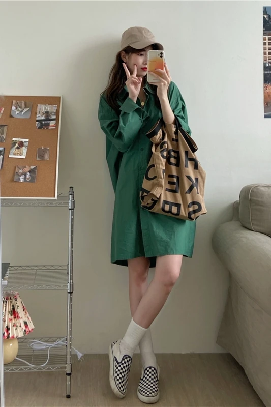 

2021 Spring Casual Women Pink Shirt Dresses Oversized Long Sleeve Loose Green Vintage Simple Medium Length Long Sleeve Dresses