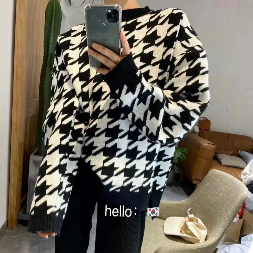 

Women Autumn Winter Vintage Oversize Short Houndstooth Sweater Full Sleeve Round Collar Knitted Pullovers Casual Jumpers