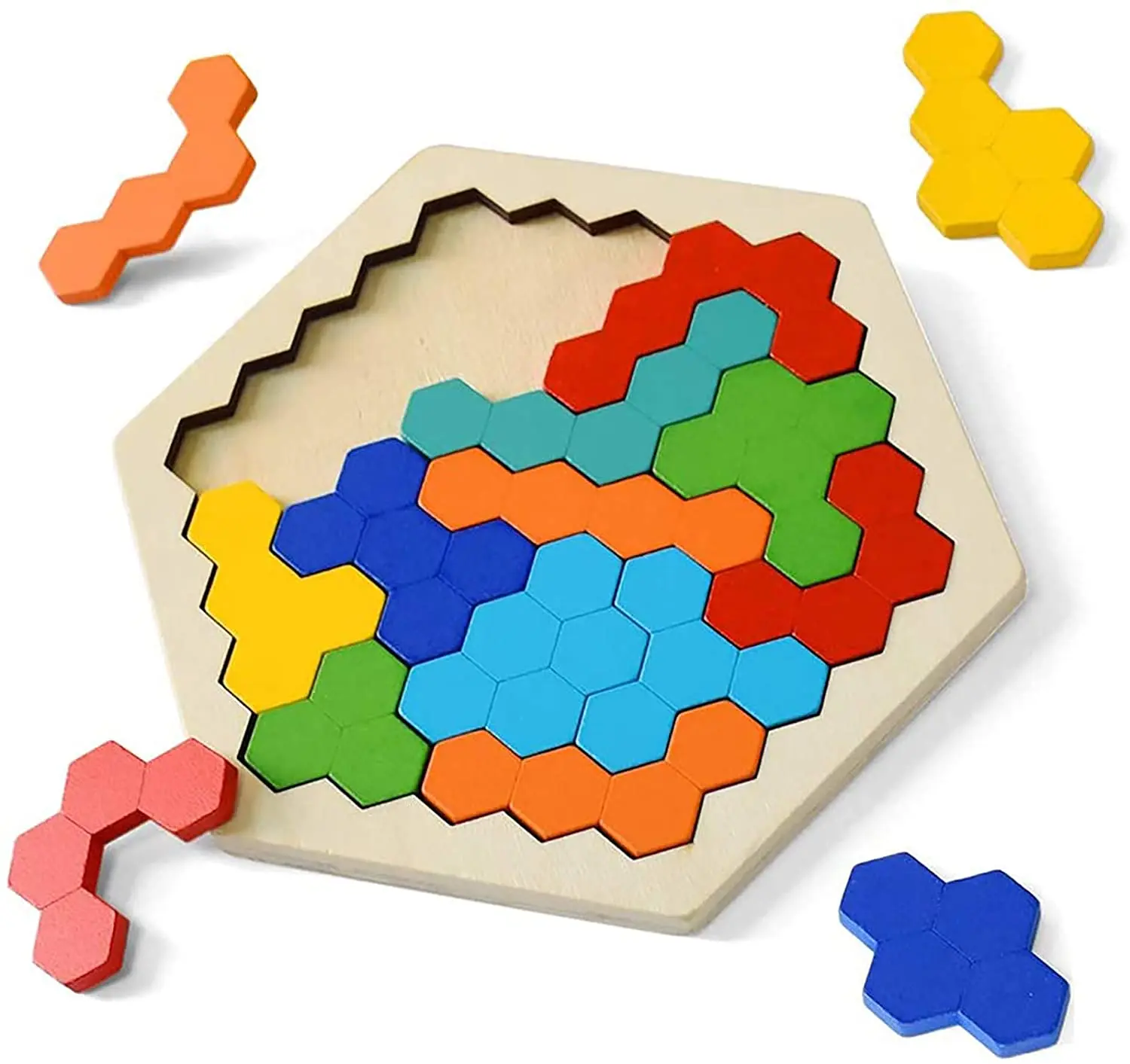 Деревянные пазлы шестиугольной формы Jigzaw Tangram Logic IQ Game STEM, пазлы, игра, подарок для детей