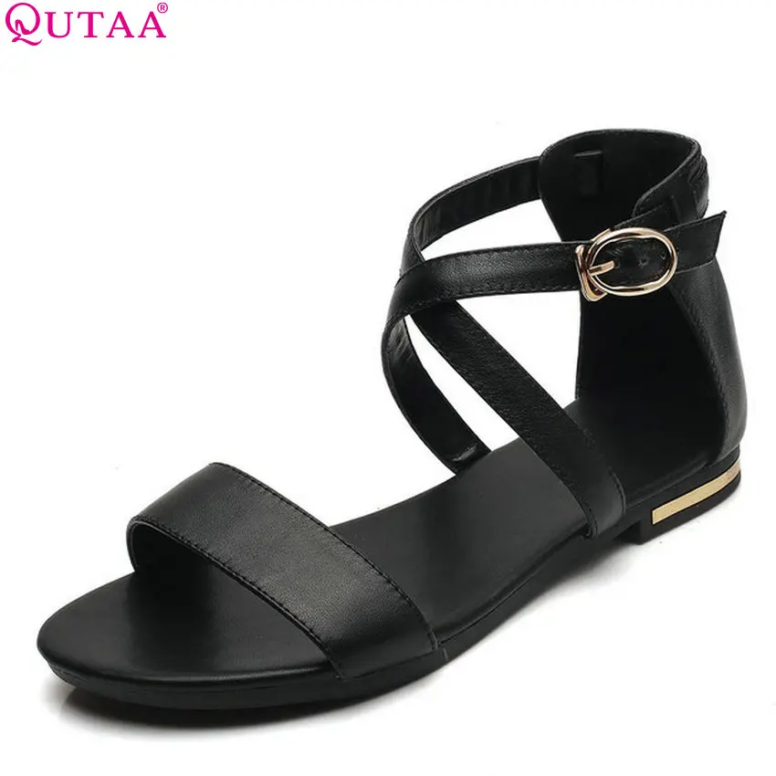 Женские сандалии QUTAA черные повседневные из коровьей кожи с открытым носком на