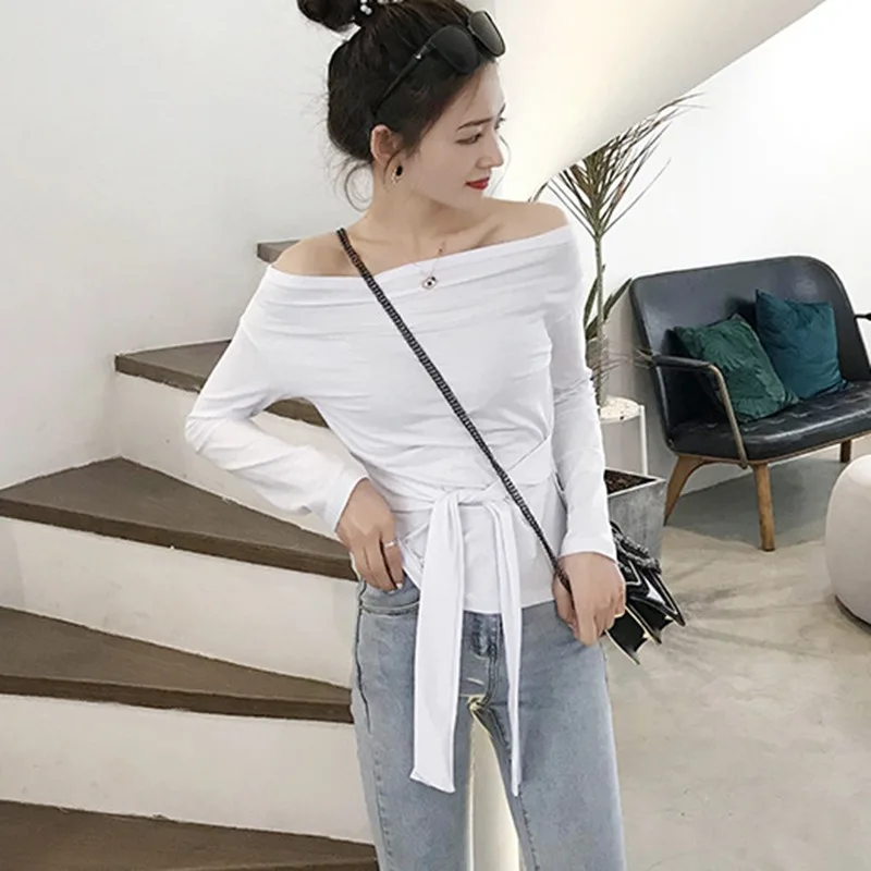 2019 Женская Сексуальная футболка с открытыми плечами и вырезом лодочкой модная