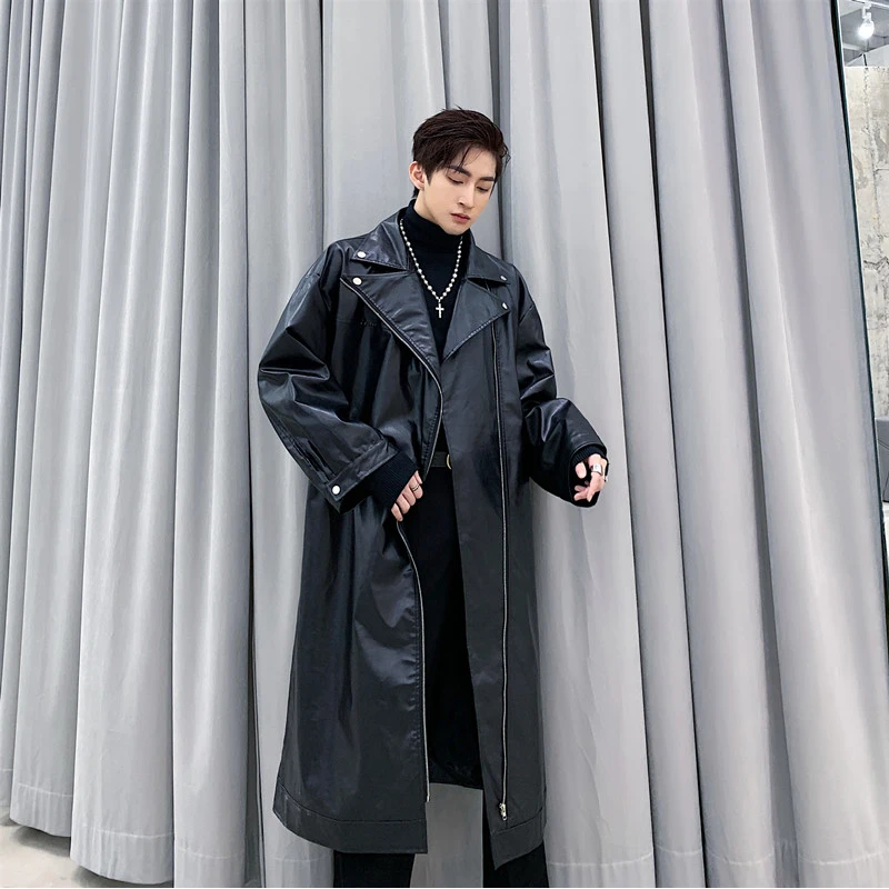 Men Loose Long Leather Trench Motorcycle Jacket Windbreaker Outerwear Male Street Hip Hop Punk Gothic Cool Leather Coat Overcoat