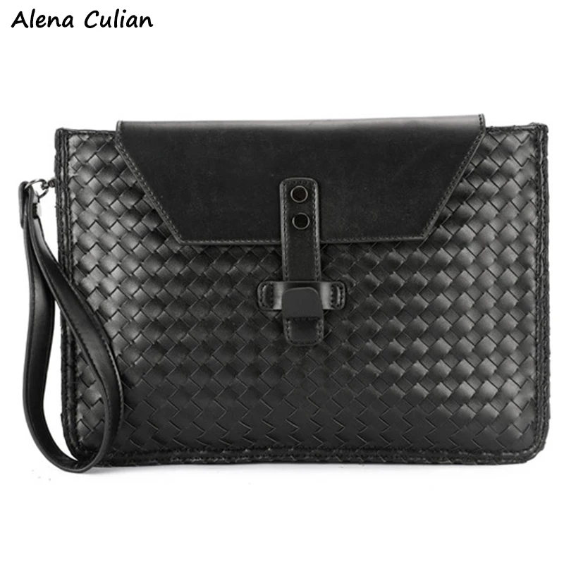

Personality Knitting Mens Leather Envelope Clutch Handbag Black Clasp Open Mens Crossbody Bag Business Man Clutch Bag sac homme