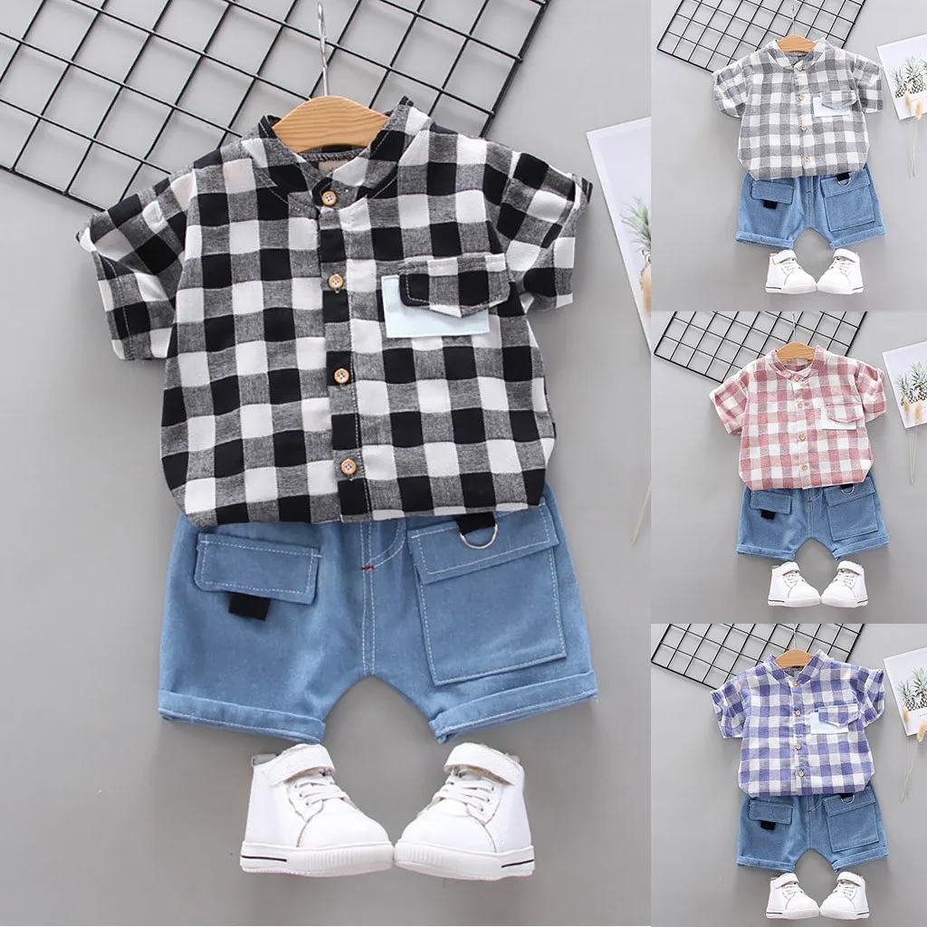 Fashion kids summer suit boy girl plaid top + denim pocket Korean version trend baby clothes пижама детская 50* |