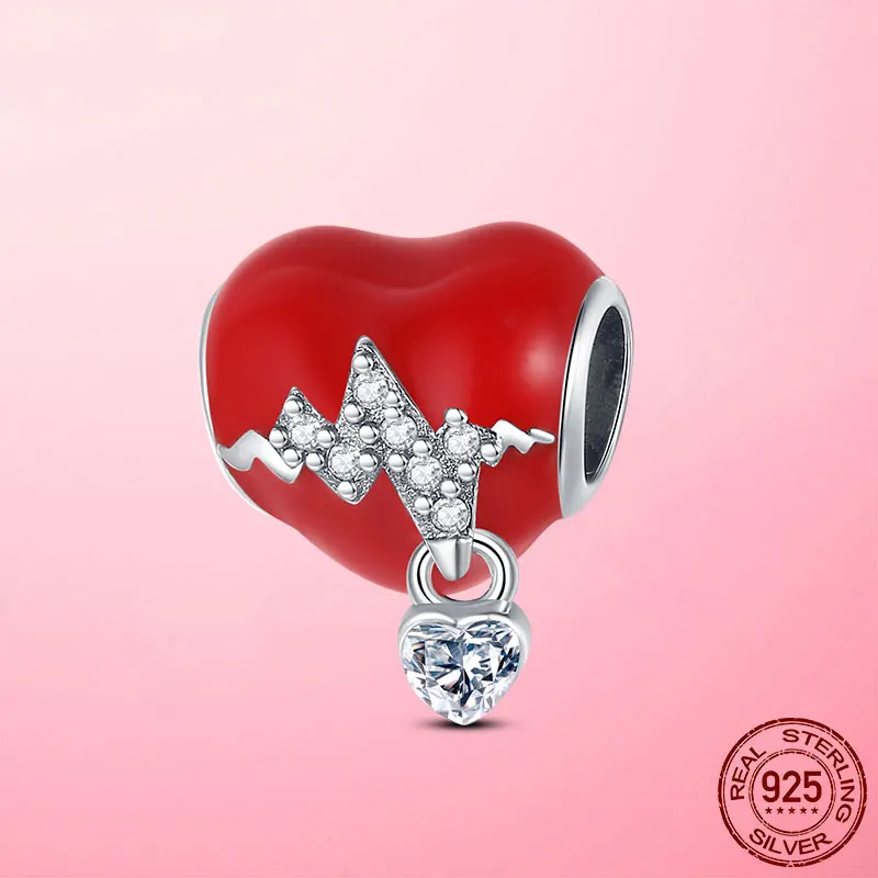 

Heart Beads 925 Sterling Silver Red Enamel Love Heart Charms fit Original Pandora Charm Bracelet CZ DIY Silver 925 Jewelry Gift