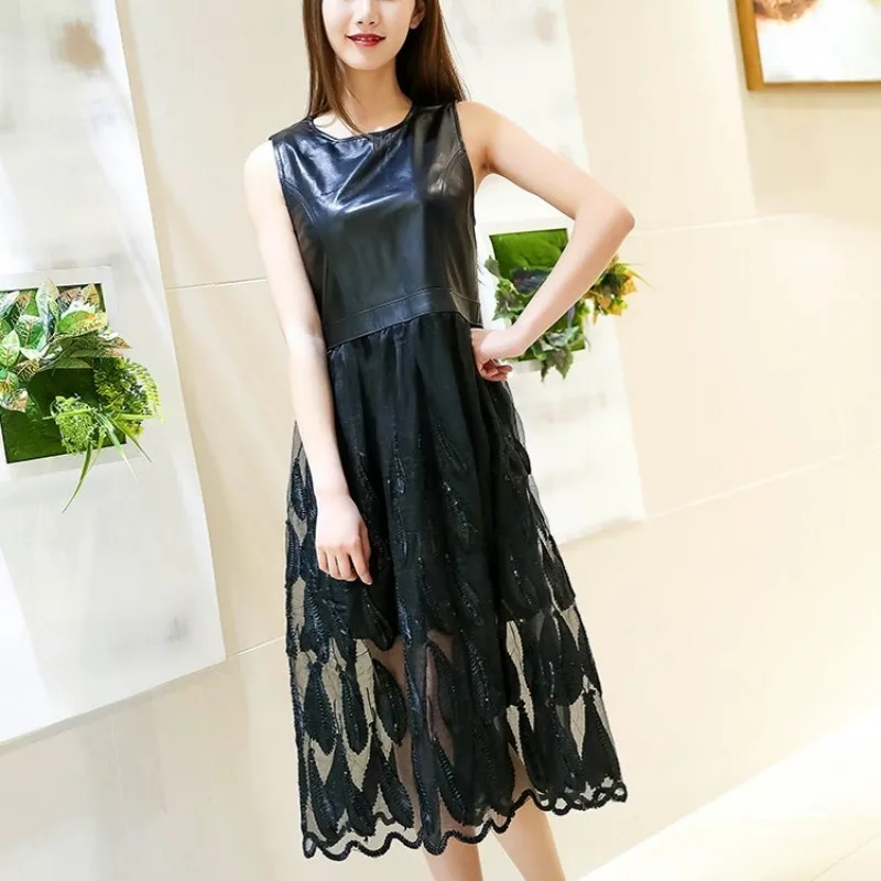 Brand Genuine Leather Sleeveless Midi Dress Female Streetwear 2020 Patchwork Sheepskin Lace Elegant Slim Mesh Black M-3XL | Женская