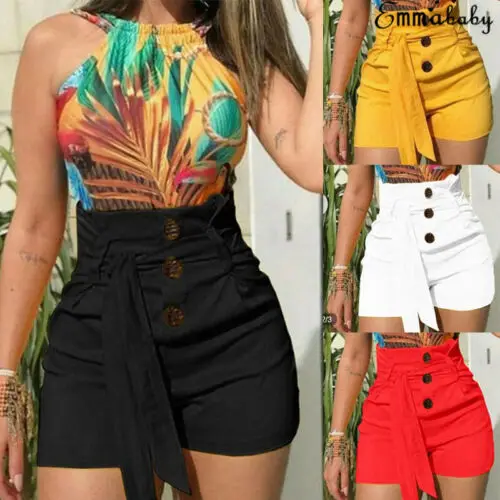 

2019 Hot Sale New Fashion Women's High Waist Summer Casual Solid Beach Belt Sexy Hot Shorts Black Red White Yellow S-XL