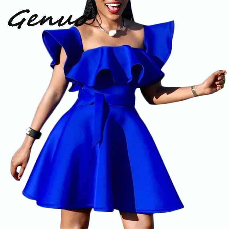 Женское платье с поясом на талии летнее синее Плиссированное Платье для