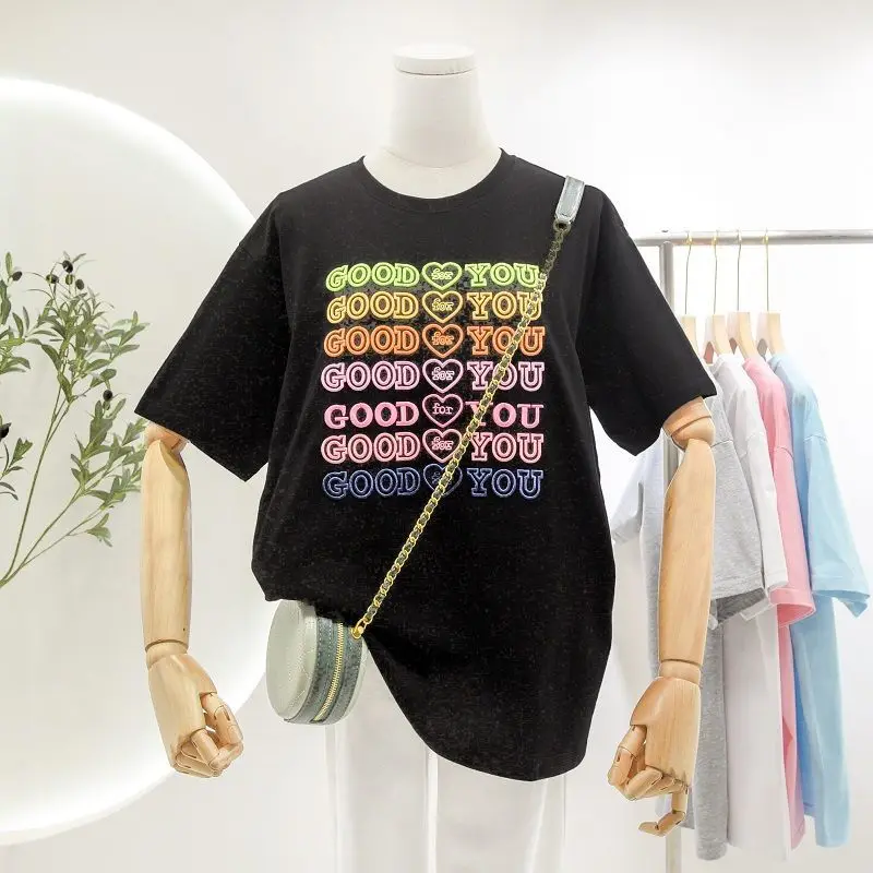 

Korean Retro Letters Embroidery T Shirts Pink Cotton Oversized O-neck Short Sleeve Summer Tops Woman Tshirt Streetwear Plus Size