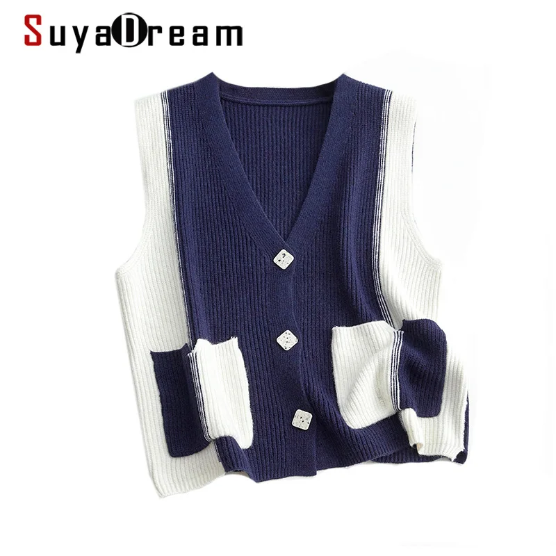 

SuyaDream Women Wool Vests 2021 Winter V neck Sleeveless Cardigans Contrast Color two pockets Outwear for Woman Navy Camel