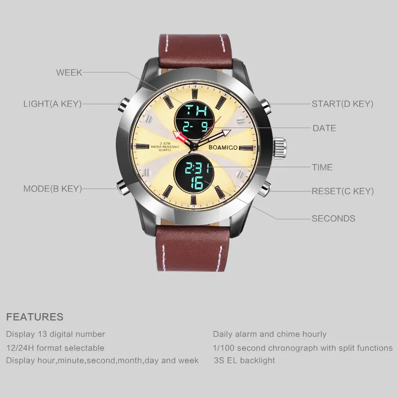 Мужские водонепроницаемые кварцевые часы с хронографом и светодиодной