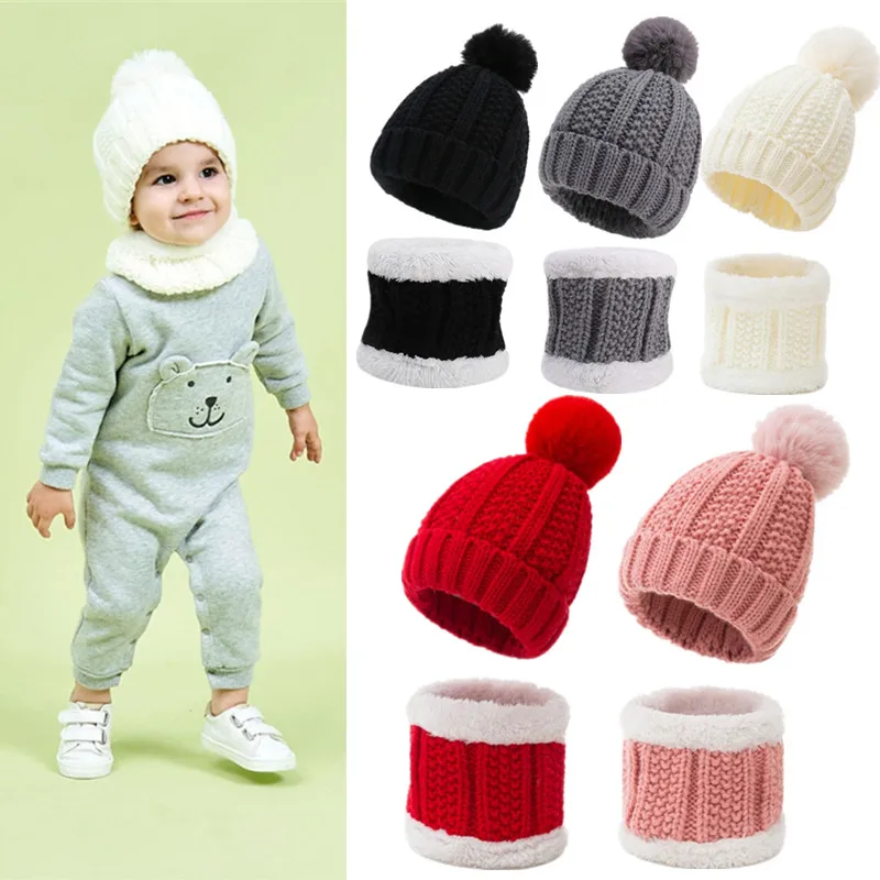 

2 PCs Winter Warm Baby Hat Baby Scarf Set Knit Fleece Fur Ball Beanie Cap Crochet Knit Infant Newborn Neckerchief Baby Bonnet