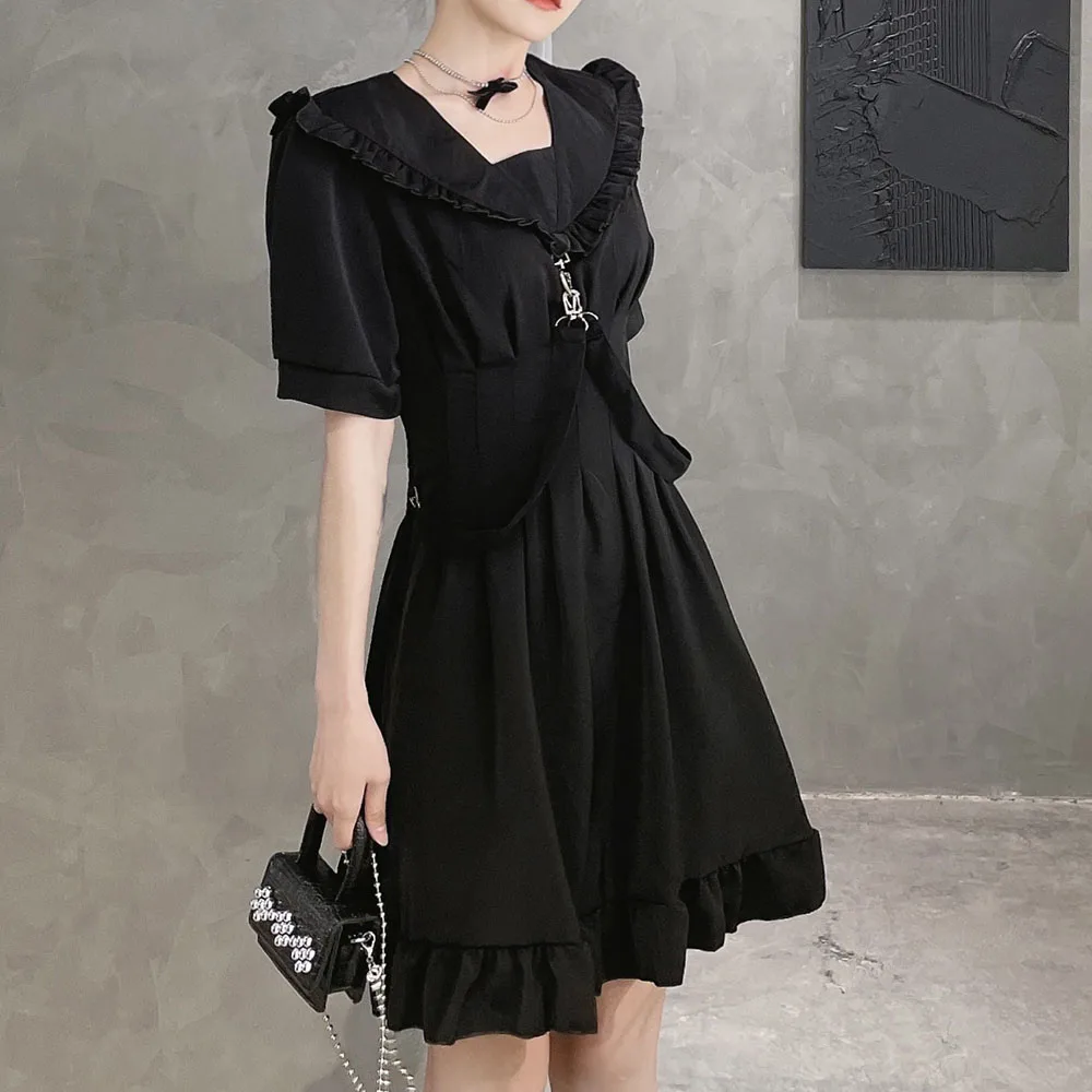 

High Street Splicing Women's Dress 2021 Summer New Fashion Draw Back Hipster Solid Color Fungus Doll Collar Summer Casual
