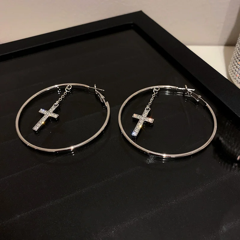 

925 silver needle Korean fashion exaggerated personality fashion earrings with Diamond Cross net red design