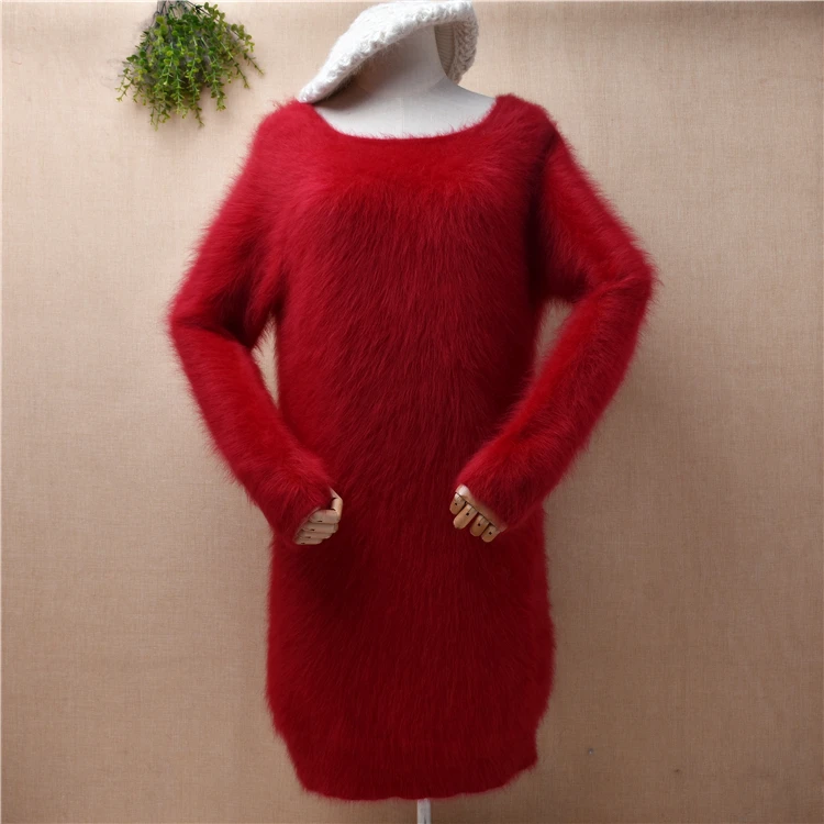 

ladies women christmas red hairy mink cashmere knitted o-neck loose pullover angora fur autumn winter jumper long sweater dress
