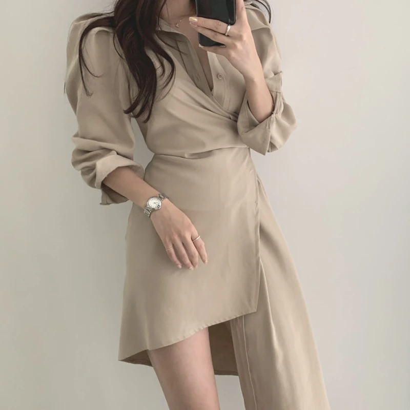 

Korean Fashion Turn-down Collar Shirts Dress Elegant Asymmetric Mini Dress Long Sleeve Top Button Party Blouse Women Vestidos