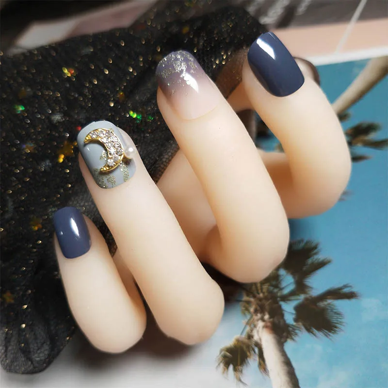 24pcs нажмите на ногти короткие милые темно синие накладные лунный Декор