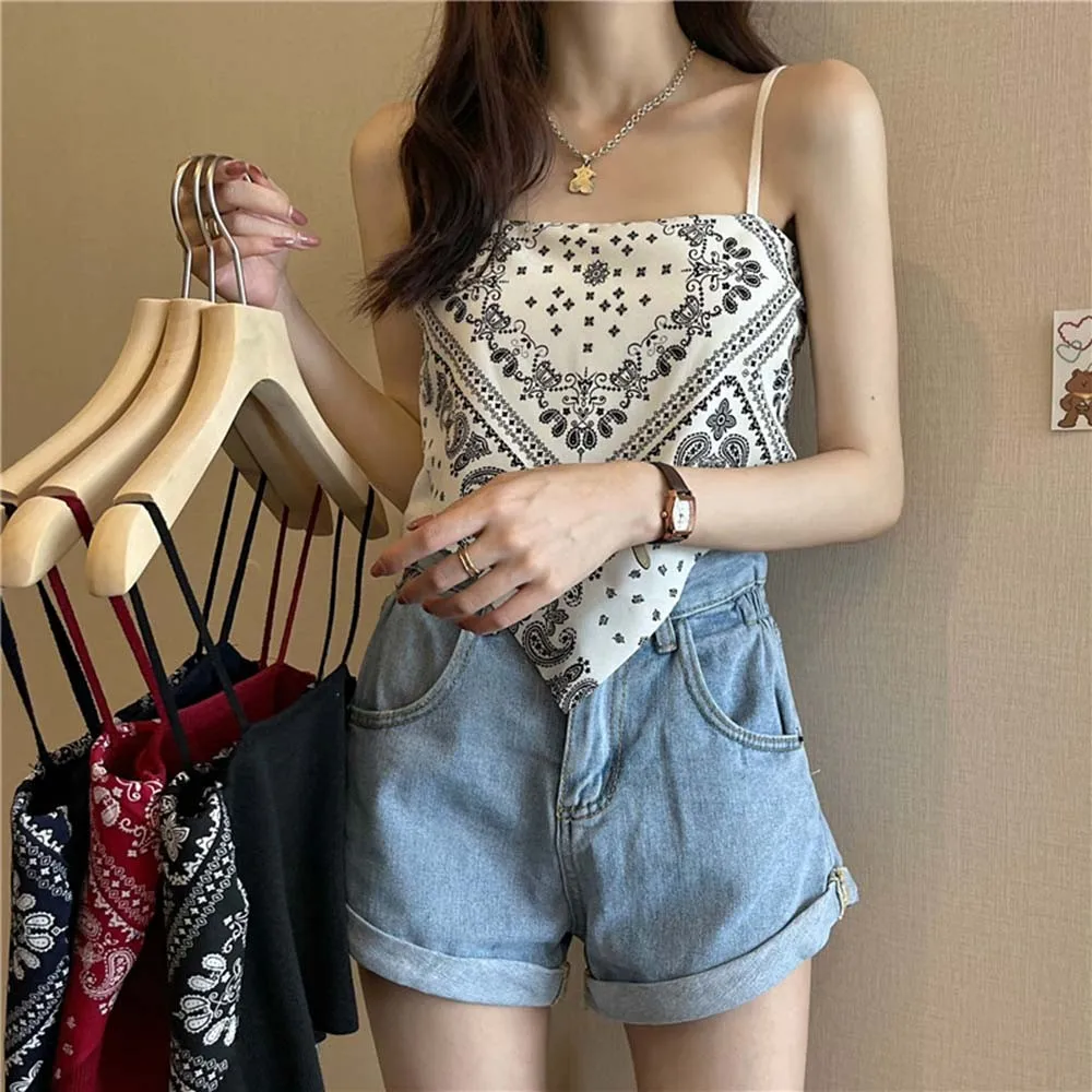 

2021 New Fashion Women Camisole Sling Top Vest Sleeveless Cold Shoulder Backless Print Short Camis Female Vintage Summer Top