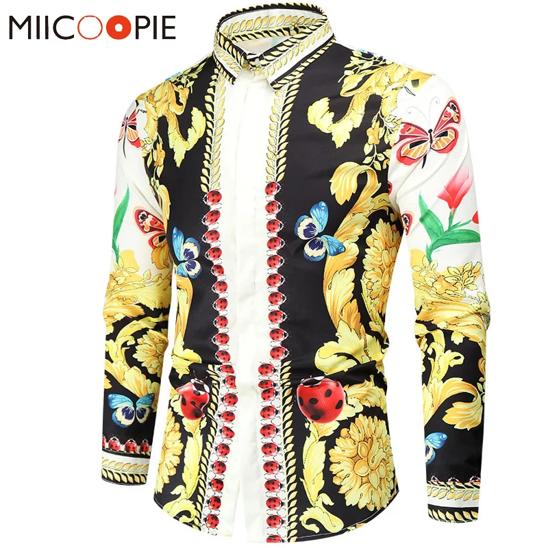 

Baroque 3D Print Floral Shirts For Men Long Sleeve Luxury Designer Butterfly Ladybug Chemise Tops Vintage Party Prom Club Shirt