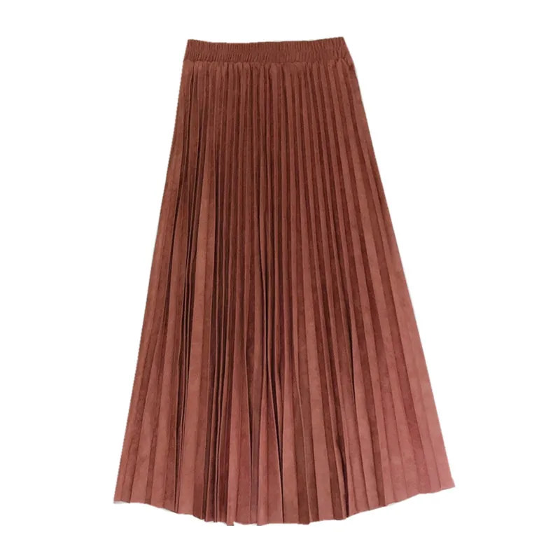 

2021 Suede Leather Pleated Midi Skirts Solid Color Office Lady Mid Calf Empire Casual Woman Skirts Vintage Woman Skirts