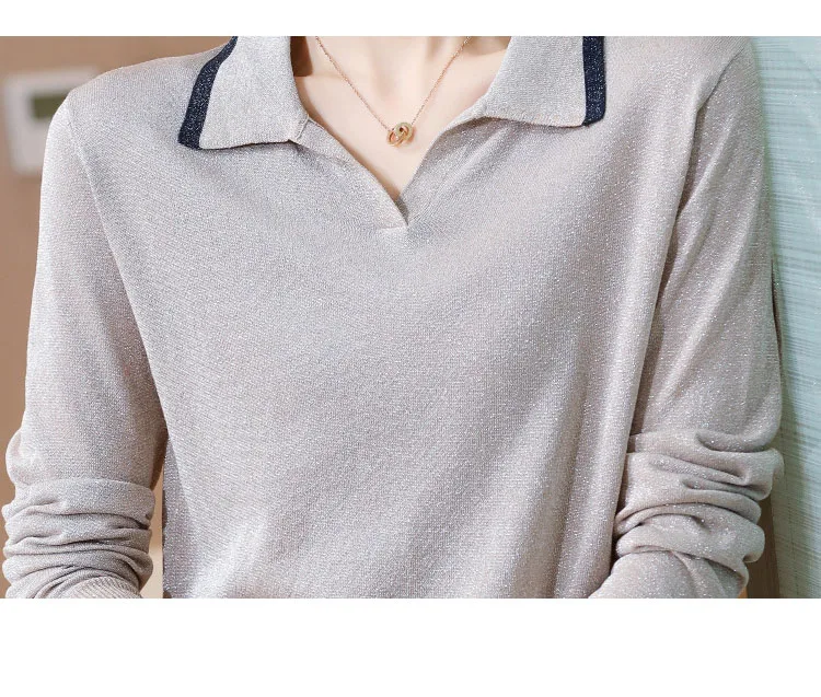 

Women Long Sleeve Sweater for Spring Autumn Casual Knitted pullovers Solid color POLO Collar