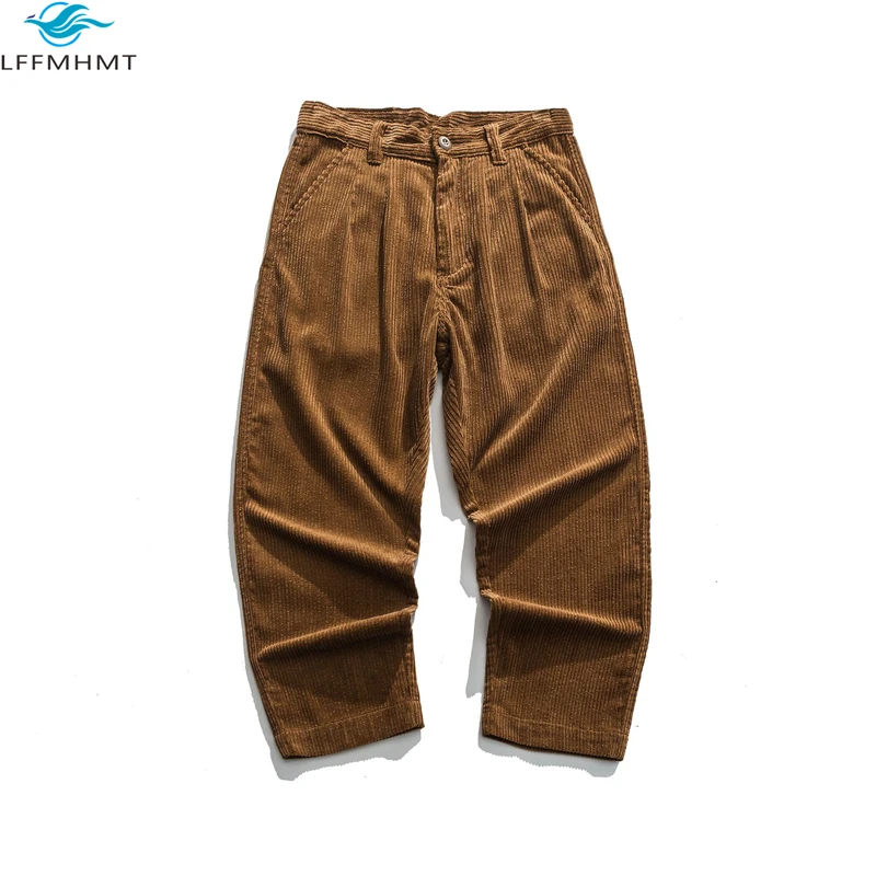 

Men Winter High Quality Japan Harajuku Elastic Waist Cargo Pants Solid Color Loose Simple Casual Vintage Corduroy Trousers Male