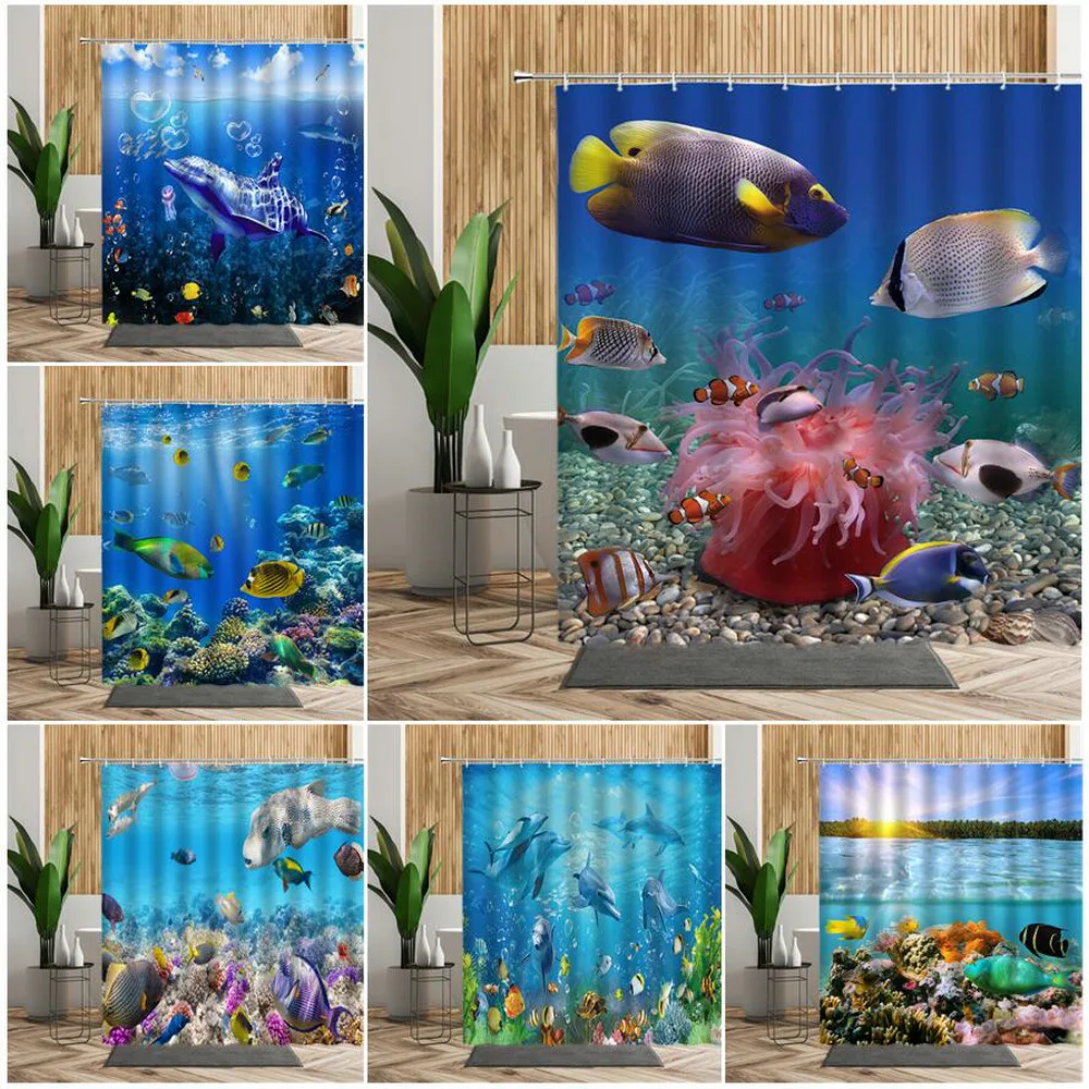 

3DBlue Ocean Animal Bathroom Curtain Underwater World Dolphin Fish Coral Shark Bathtub Decoration Screen Waterproof Bath Curtain