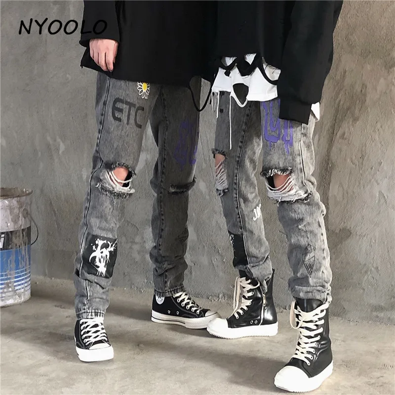 NYOOLO High Street винтажные джинсы с принтом граффити и потертыми дырками осенние тонкие длинные джинсовые мотоциклетные брюки в стиле хип-хоп для женщин и мужчин