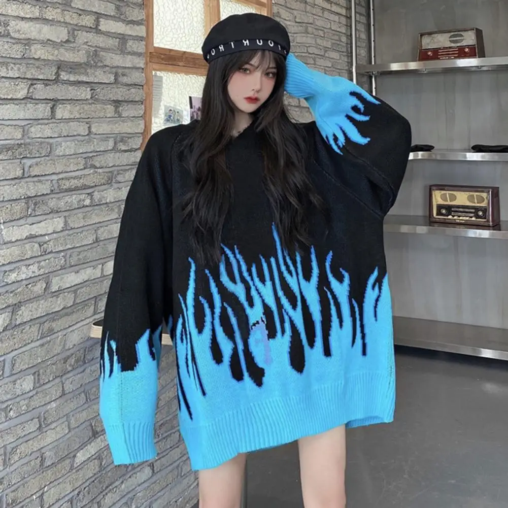 

Women Loose Plus Size Flame Color Matching O Neck Knitted Sweater Pullover Tops