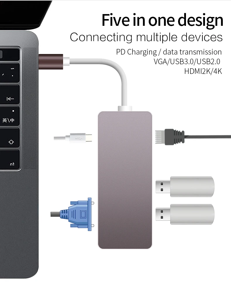 Док станция Thunderbolt 3 USB 2017 Type C на HDMI 4K VGA USB3.0 USB2.0 HUB PD 5 в 1 адаптер для Macbook Pro