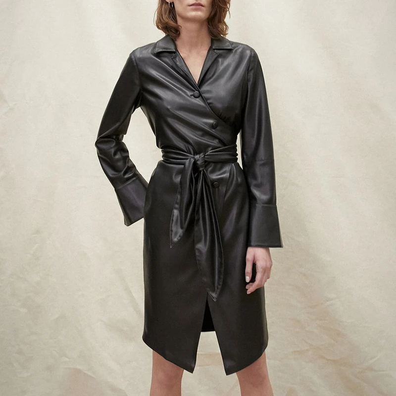 Платье на шнуровке из искусственной кожи платье для женщин с длинными рукавами и