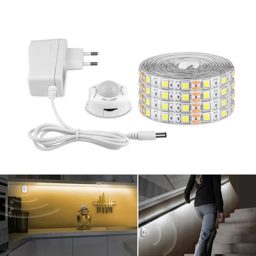 IP65 SMD 5050 2835 Светодиодный лента Диодная лента DC 12 В PIR датчик движения светодиодные полосы света ЕС США адаптер 1 м-5 м клейкая светодиодная кухонная лампа