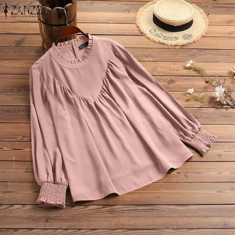 ZANZEA 2022 Women Fashion Casual Office Shirt Solid Chemise Femme Clothing Plain Ruffles Work Blusa Autumn Puff Sleeve Blouse