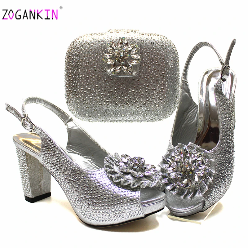 

Buckle Strap Sandals Italian Women Shoes and Bag Set in Silver Color INS New Coming African Lady Shoes Match Bag can Match Dress