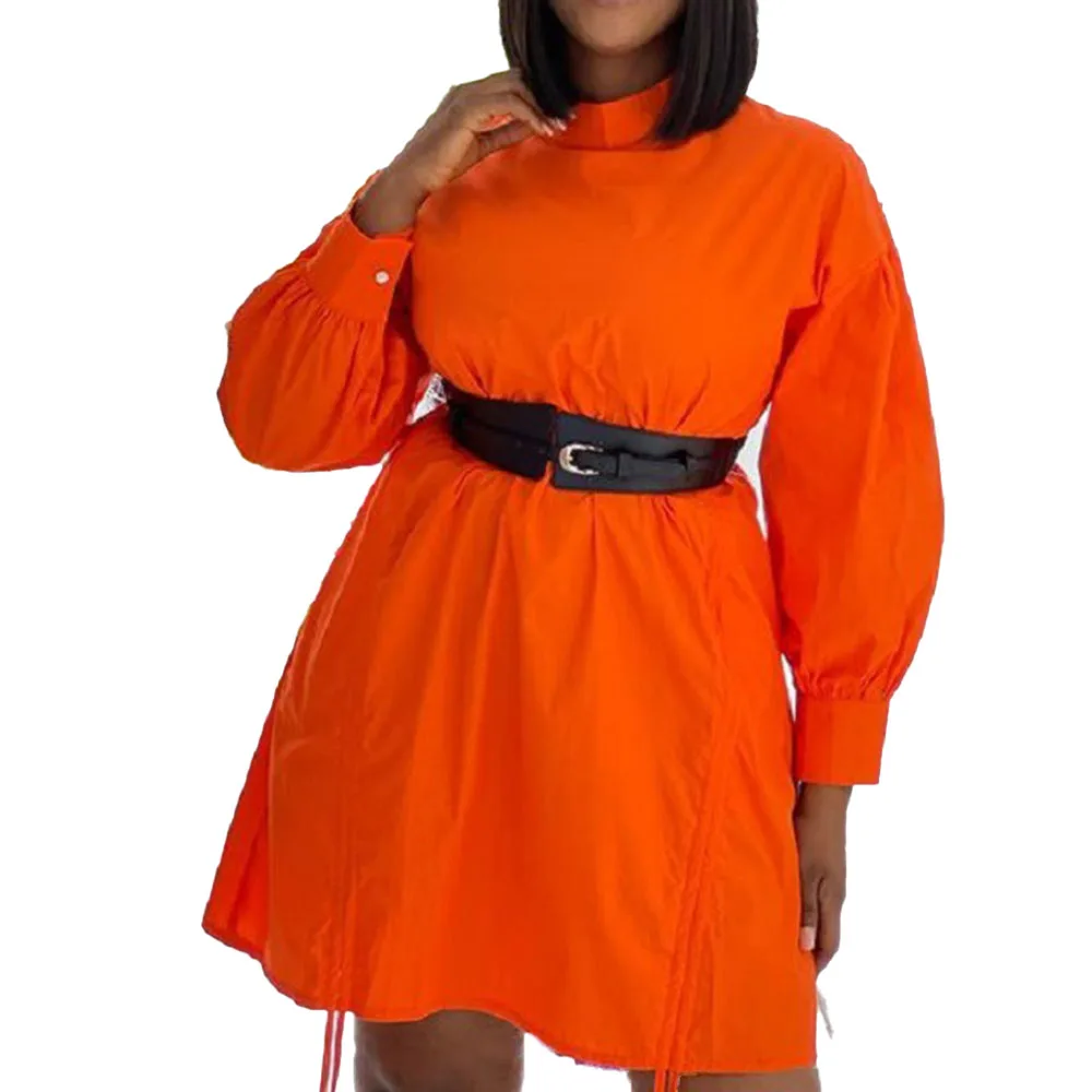 

2021 Europe America Autumn New Solid Color Simplicity Fashion Casual Women's Dress Loose Round Neck Long Sleeve Irregular