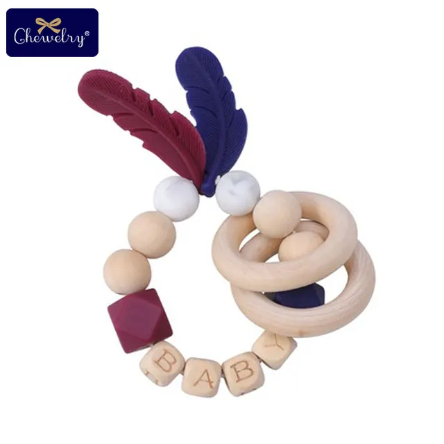 19CP0108 1 шт. детские игрушки Силиконовый браслет с перьями бука деревянные Прорезыватели для зубов DIY Детские Настраиваемые имя деревянные погремушки Прорезыватели грызунов - Цвет: 19CP0108