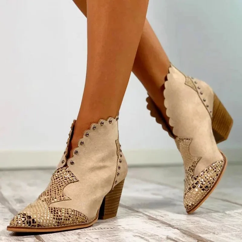 

2020 Female Autumn Winter Lace PU Leather Cowboy Ankle Boots Rivet Women Wedge High Heel Booties Snake Print Botas Mujer 563