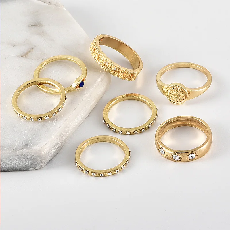 7 шт./компл. простые женские кольца с подсолнухами глазами и голубыми кристаллами