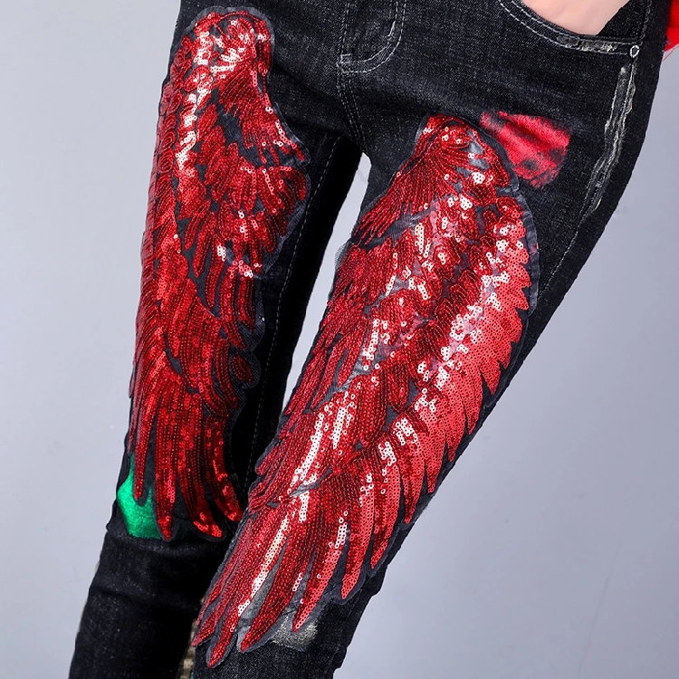 Европейские джинсовые брюки с крылышками женские осенне-зимние красными