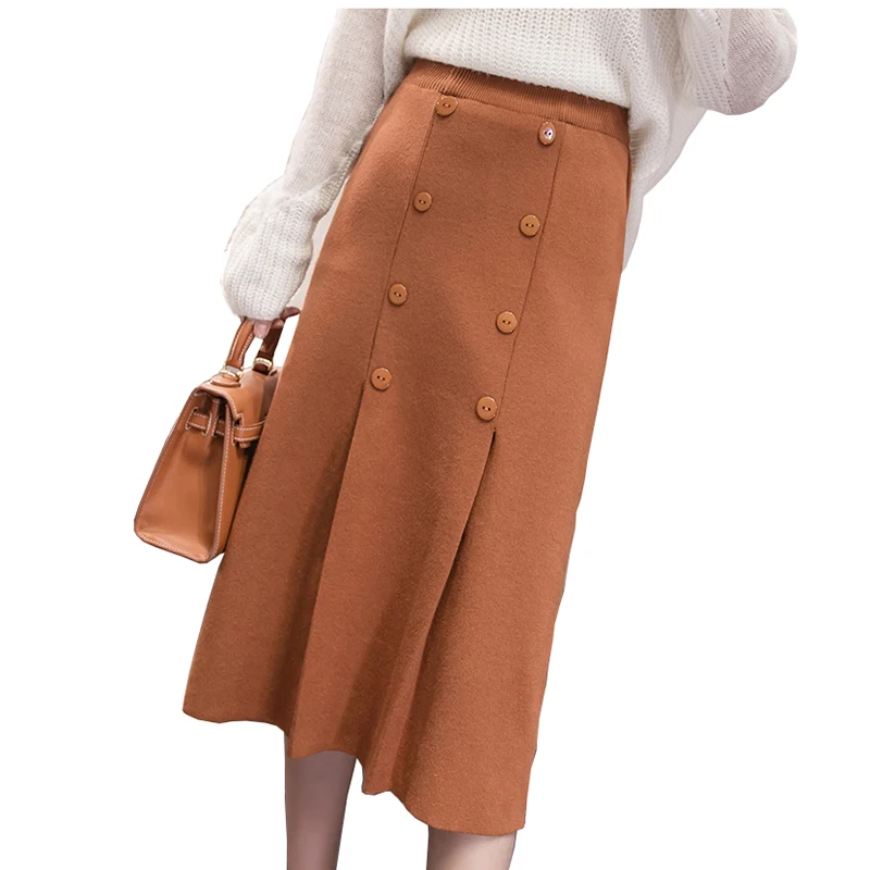 2019 осенне зимняя Мягкая трикотажная юбка женская элегантная двубортная офисная